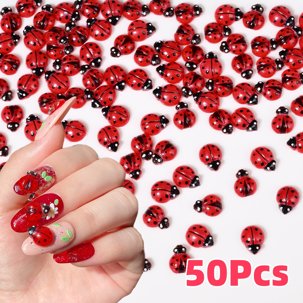 Art Craft Ladybug - 50 ชิ้น 3D สีแดง Ladybug เล็บ