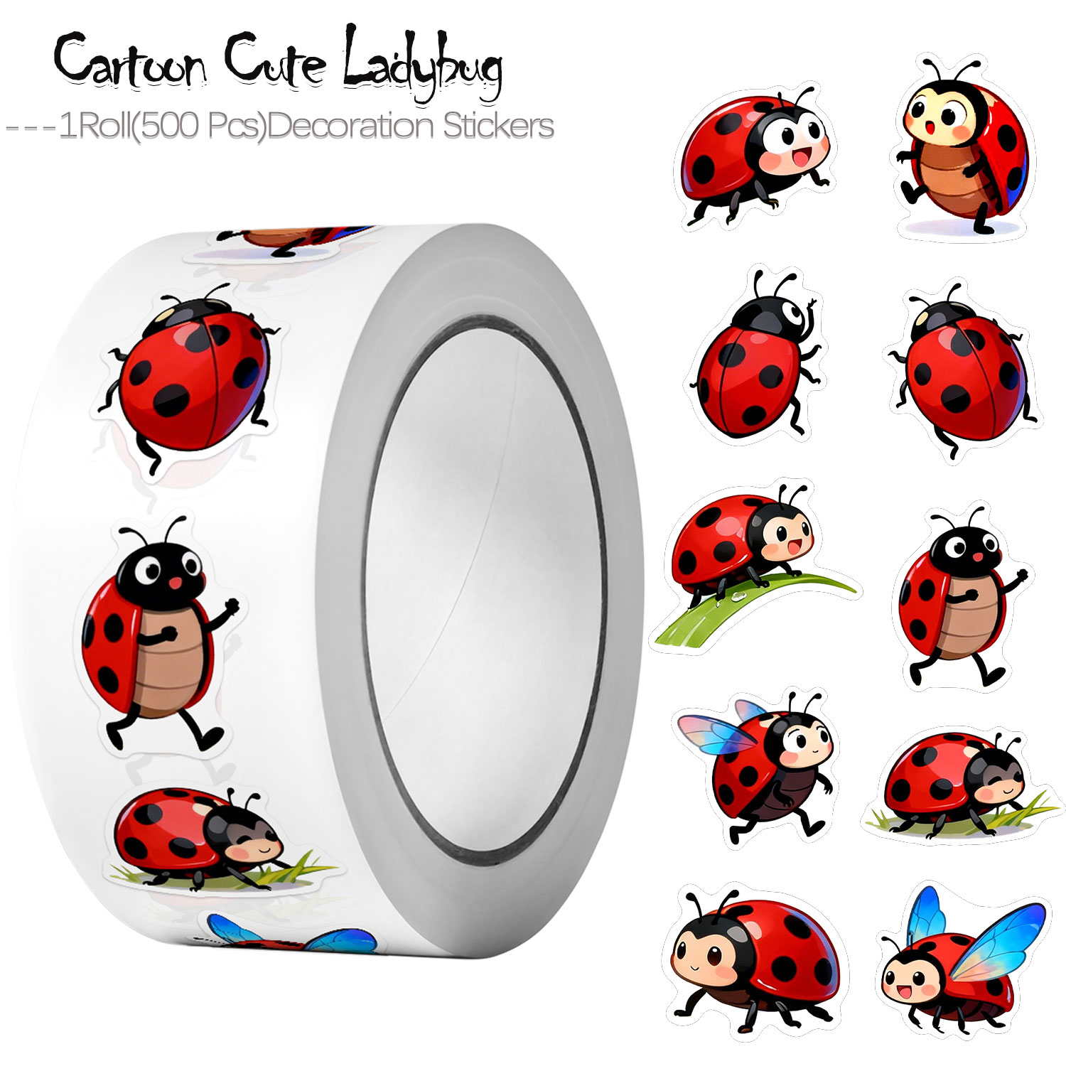 Art Craft Ladybug - สติกเกอร์ลายเต่าทองการ์ตูนแบบไม่สมมาตร 1 ม้วน (500 ชิ้น) ขนาด