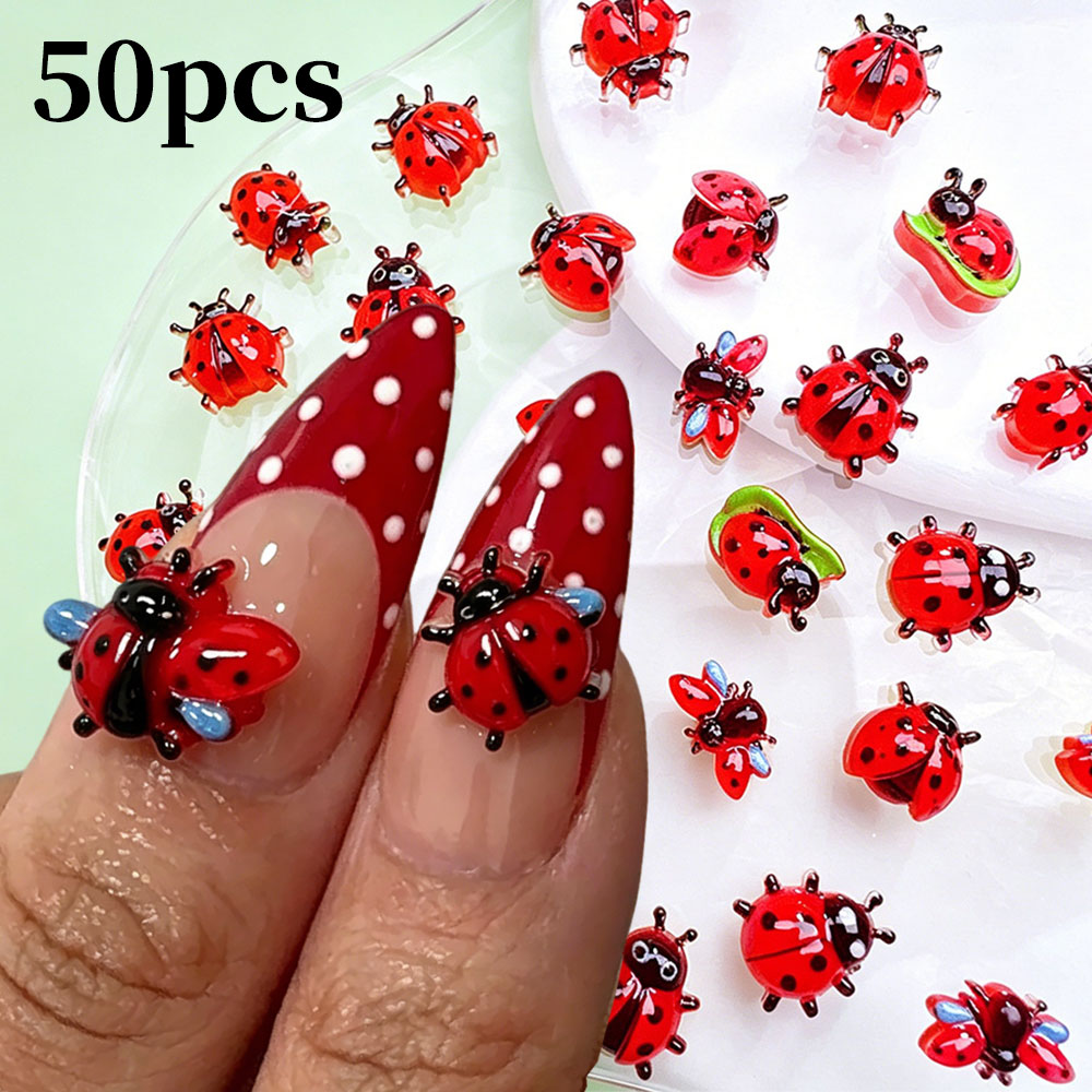 Art Craft Ladybug - ชาร์มตกแต่งเล็บรูปเต่าทองเรซิ่น 3 มิติ ขนาดเล็ก 50 ชิ้น