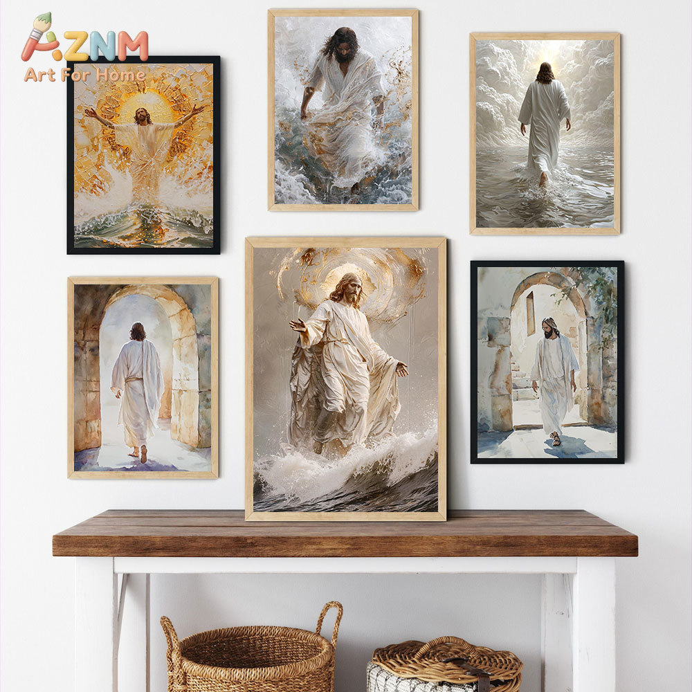 Art Craft Toys - ภาพพิมพ์บนผ้าใบพระเยซูคริสต์เดินบนน้ำ ภาพวาดสไตล์ภาพสีน้ำมันทางศาสนา รูปพระเยซูคริสต์ศักดิ์สิทธิ์ ภาพศิลปะติดผนังแบบไม่มีกรอบ