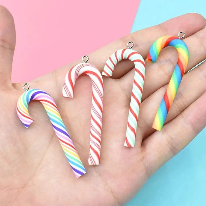 Art Craft Christmas - จี้รูปแท่งขนมคริสต์มาสทำจากดินโพลิเมอร์ขนาดใหญ่ น่ารัก 10 ชิ้น อุปกรณ์ตกแต่งงานฝีมือ DIY