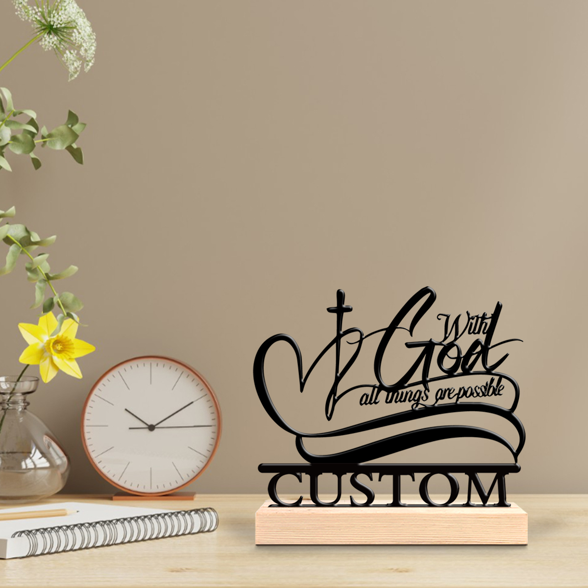 Art Craft Wood - งานศิลปะโลหะรูปปั้นพระเยซูพร้อมฐานไม้ 1 ชิ้น งานฝีมือสร้างสรรค์ สามารถสลักข้อความได้ เหมาะสำหรับตกแต่งโต๊ะทำงาน