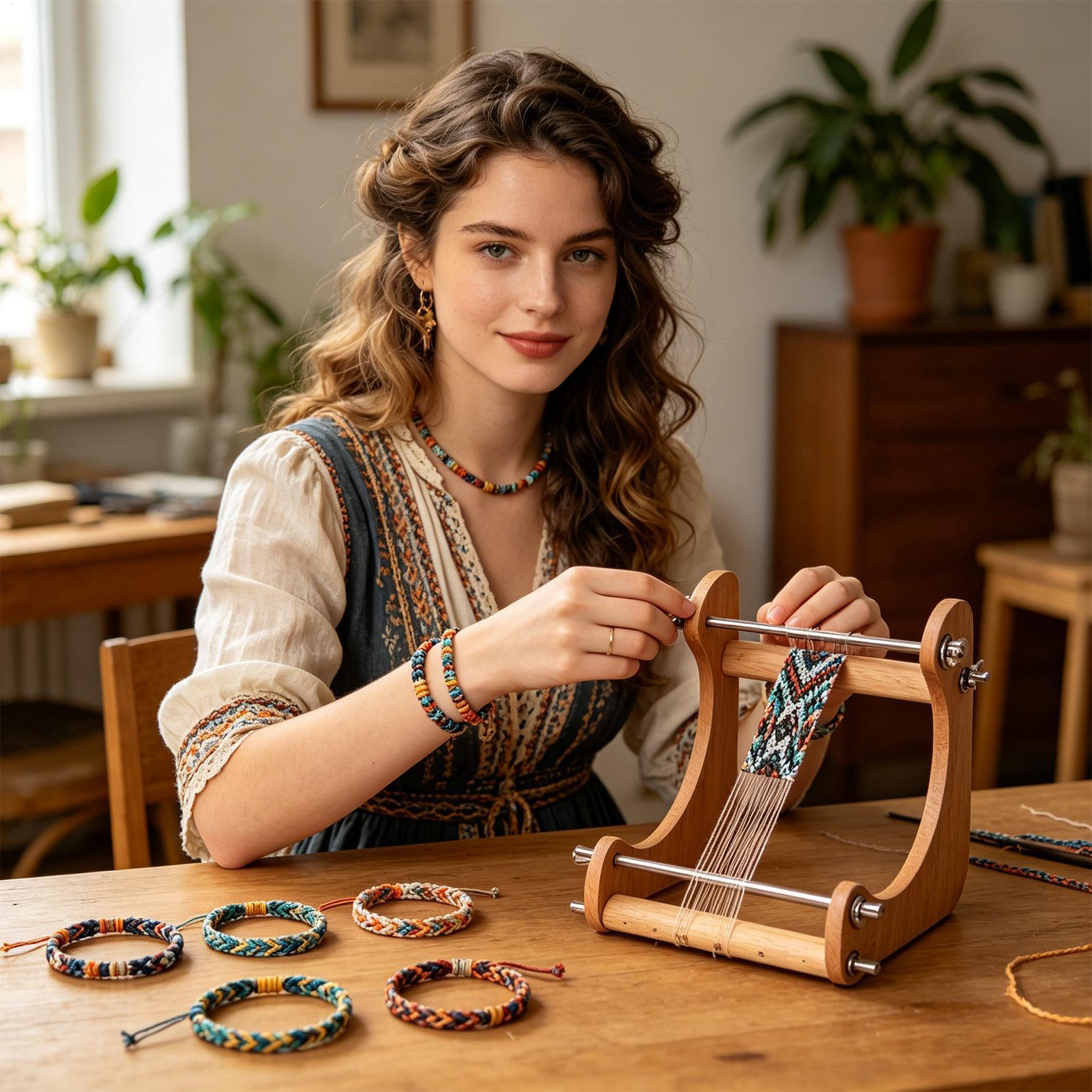 Loom Weaving Frame - เครื่องถักลูกปัดไม้แบบปรับได้ 1 ชิ้น สำหรับทำสร้อยข้อมือและสร้อยคอ เครื่องถักลูกปัดแบบแนวตั้ง อุปกรณ์ถักลูกปัดทำมือ